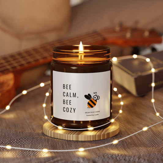 Bee Calm Be Cozy Scented Soy Candle | Bee Lover Gift | Candle Gift | Bee Themed Decor | Eco Friendly Candle (Multi-Size, Amber Jar)