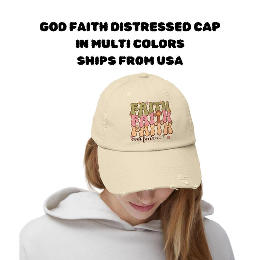 Faith Over Fear Unisex Distressed Cap | Christian Cap | God Faith Cap | Religious Gift | Christian Cap | Faith Based Cap | Inspirational Hat