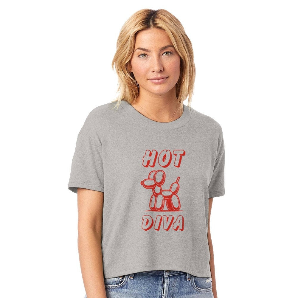 Hot Dog Diva Women's Cropped Crewneck T-Shirt | Funny Hot Dog Lover Tee | Unisex Gift Shirt | Addict T-shirt | Trendy Graphic Tees for Women