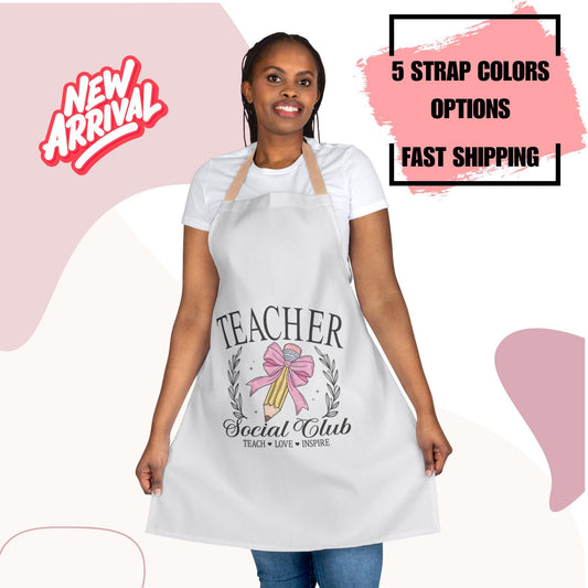 Teacher Social Club Apron, 5-Color Straps | Kitchen Essential | Cooking Gift | Kitchen Apron | Teacher Gift | Gift for Her | Apron for Women