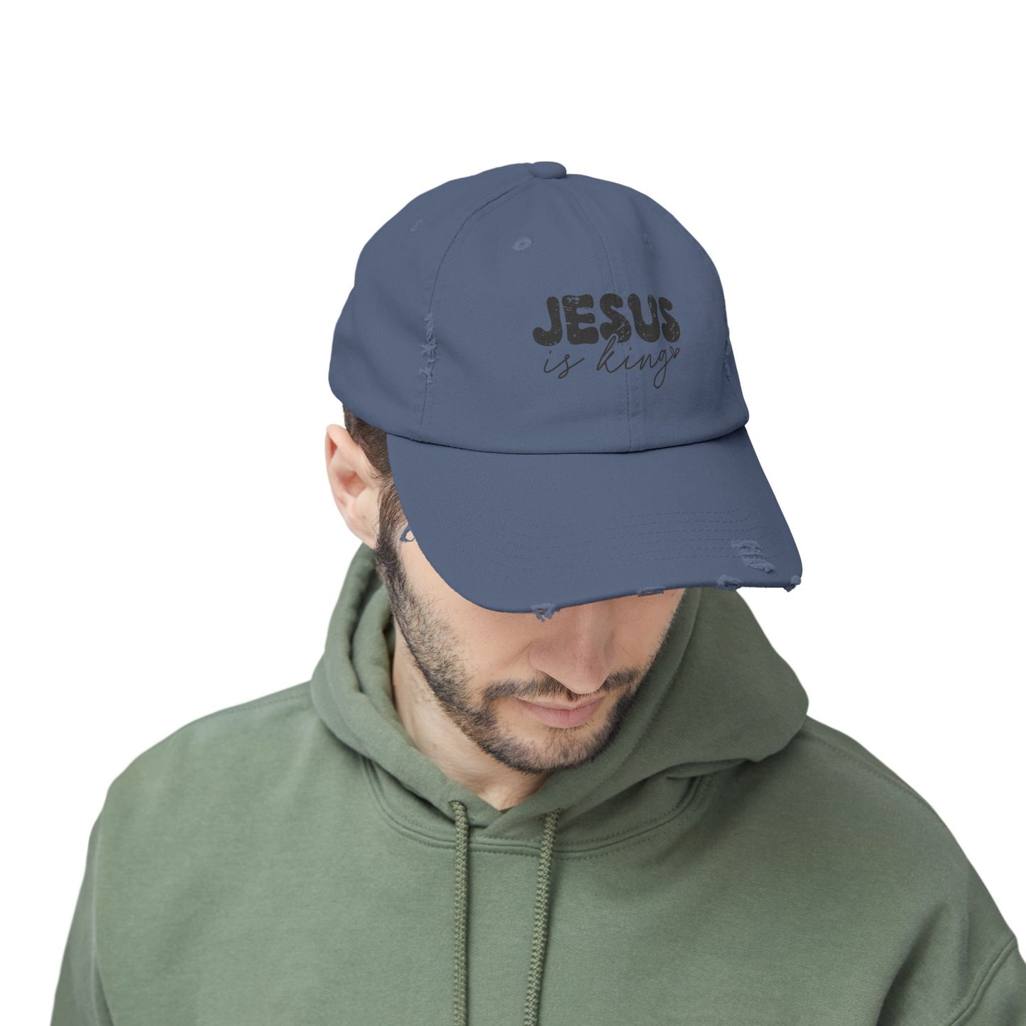 Jesus is King Unisex Distressed Cap | Christian Cap | God Faith Cap | Religious Gift | Faith-Based Cap | Inspirational Hat | Religious Hat