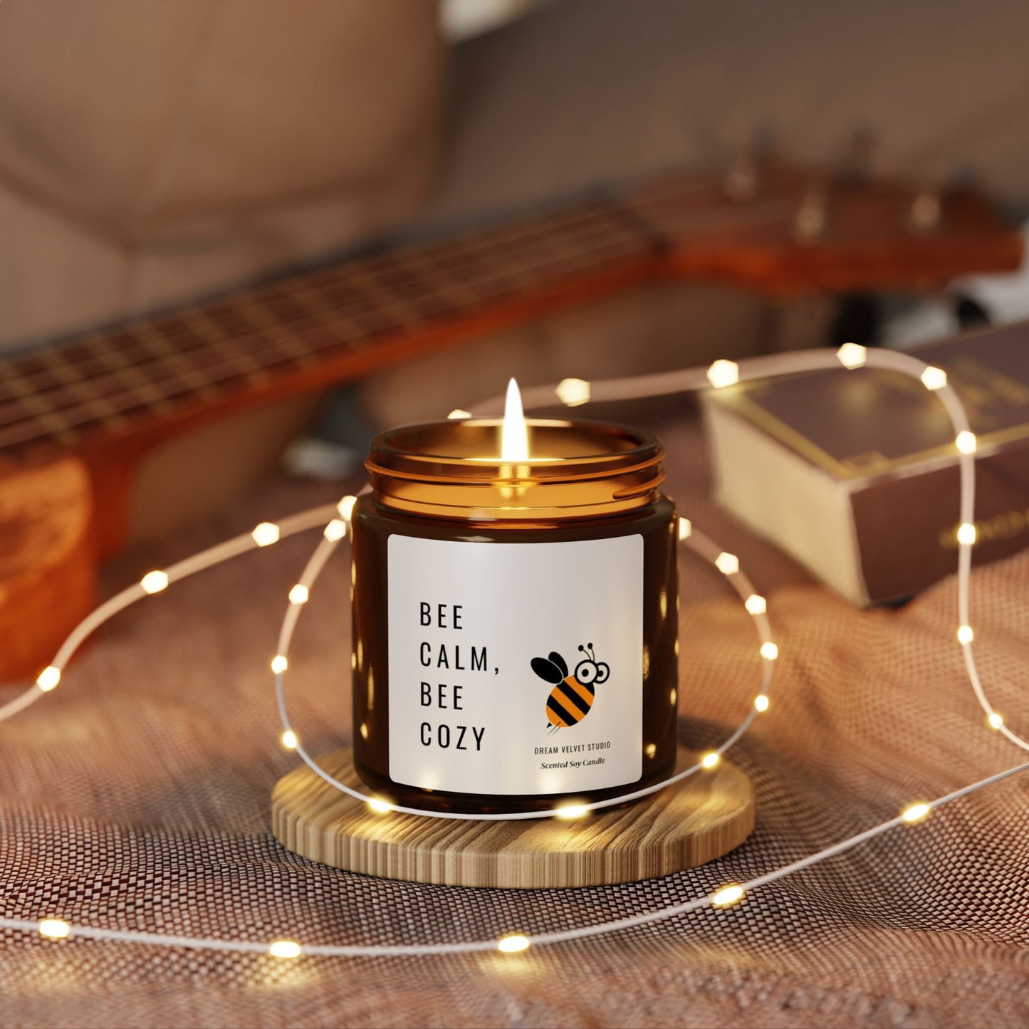 Bee Calm Be Cozy Scented Soy Candle | Bee Lover Gift | Candle Gift | Bee Themed Decor | Eco Friendly Candle (Multi-Size, Amber Jar)