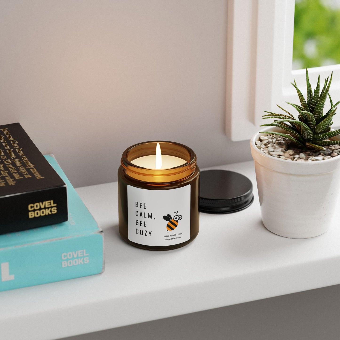 Bee Calm Be Cozy Scented Soy Candle | Bee Lover Gift | Candle Gift | Bee Themed Decor | Eco Friendly Candle (Multi-Size, Amber Jar)