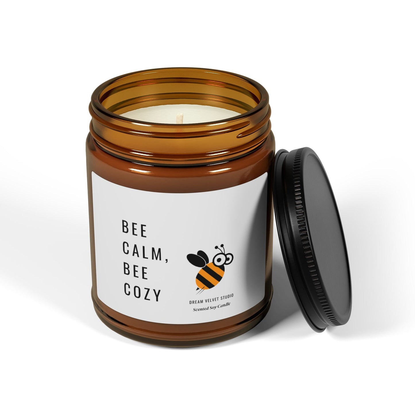 Bee Calm Be Cozy Scented Soy Candle | Bee Lover Gift | Candle Gift | Bee Themed Decor | Eco Friendly Candle (Multi-Size, Amber Jar)