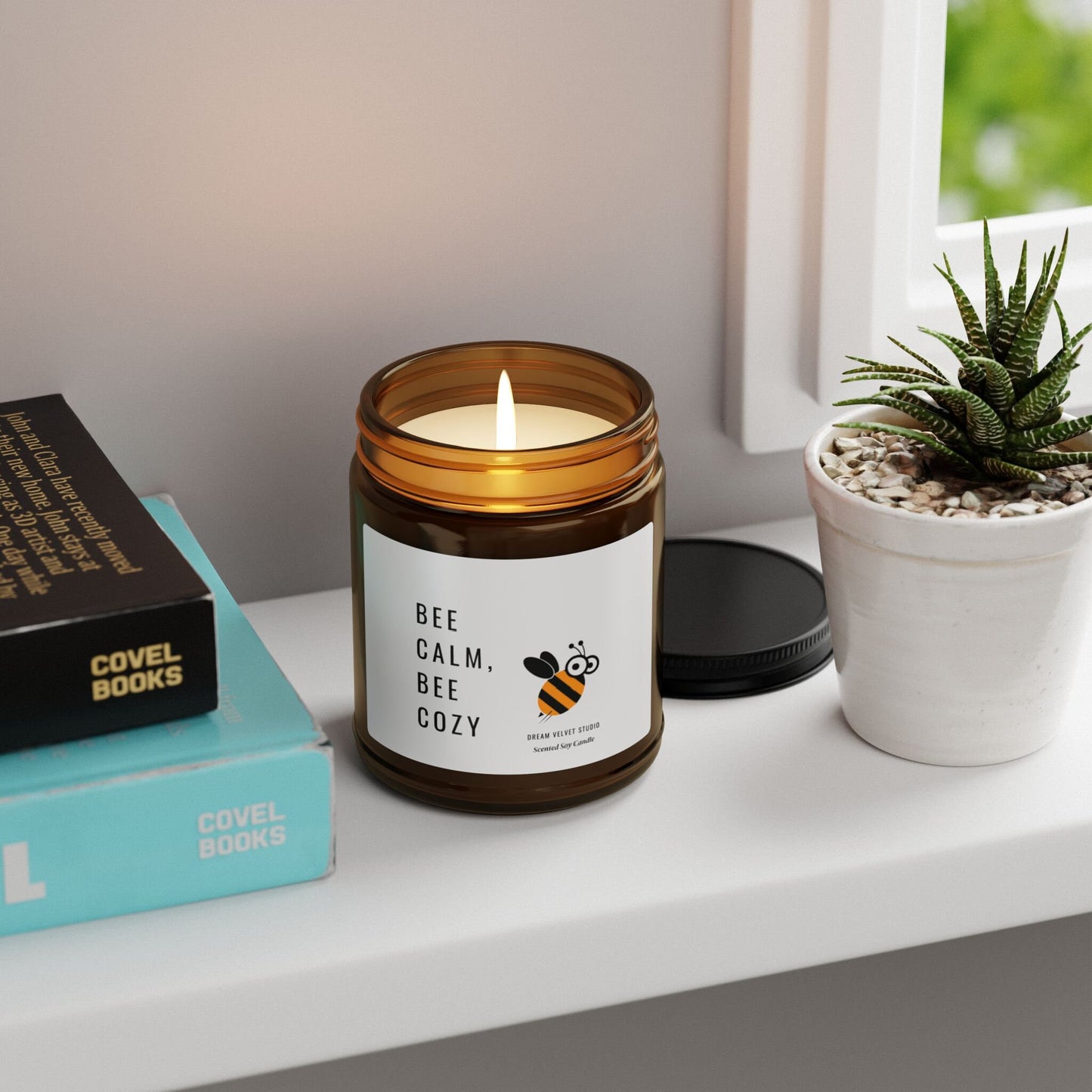 Bee Calm Be Cozy Scented Soy Candle | Bee Lover Gift | Candle Gift | Bee Themed Decor | Eco Friendly Candle (Multi-Size, Amber Jar)