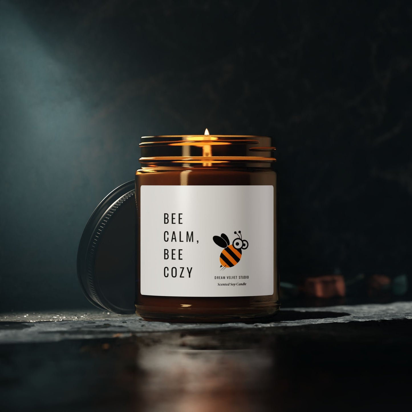 Bee Calm Be Cozy Scented Soy Candle | Bee Lover Gift | Candle Gift | Bee Themed Decor | Eco Friendly Candle (Multi-Size, Amber Jar)