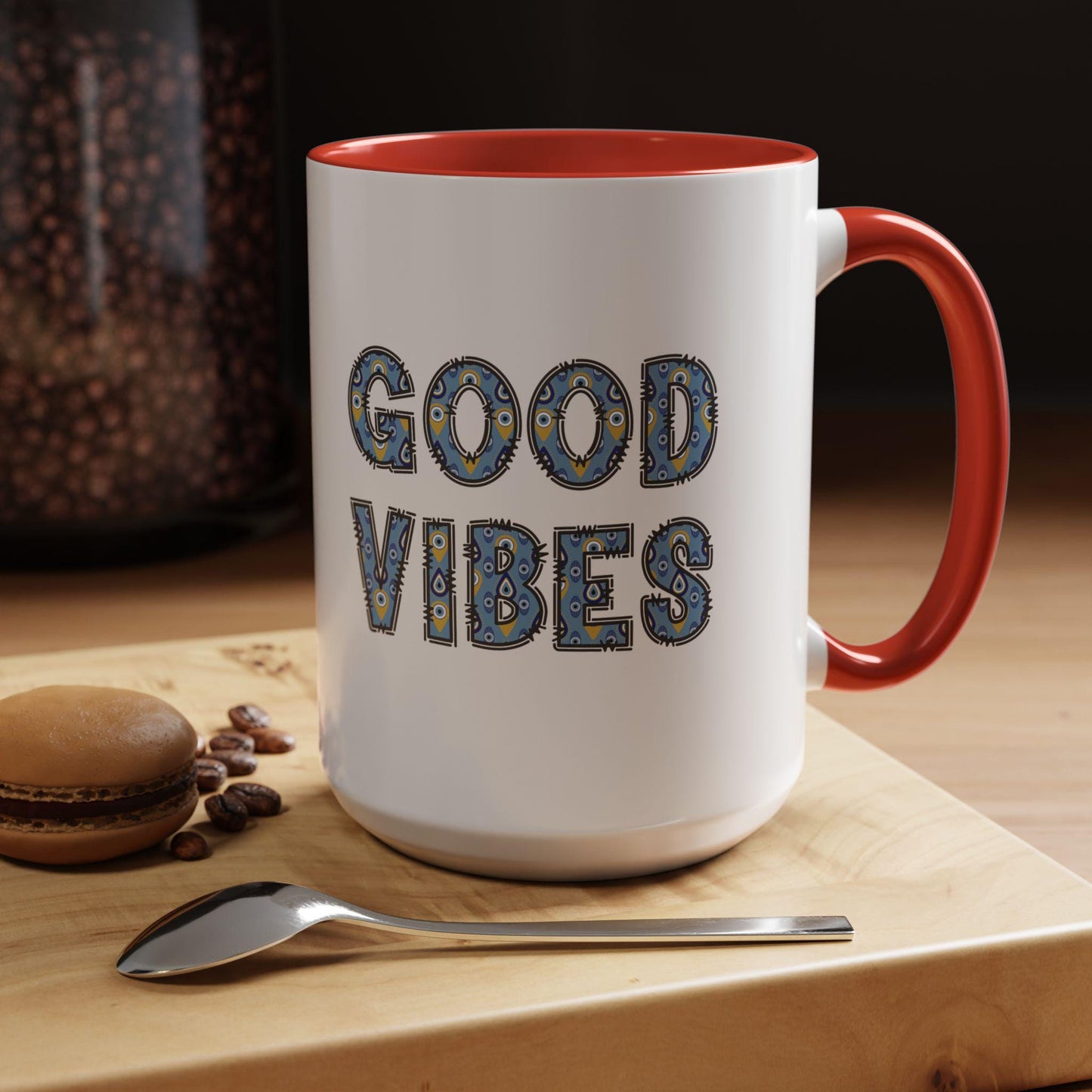 Good Vibes Evil Eye Accent Coffee Mug, 11oz & 15oz Size Options and in Multiple Colors, Glossy Finish, Comfortable Grip, Lead BPA Free