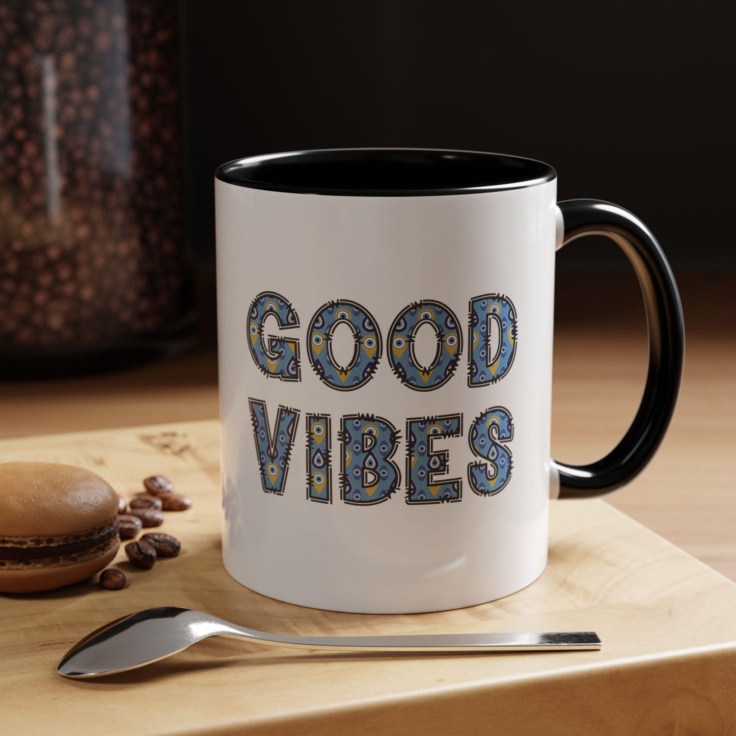 Good Vibes Evil Eye Accent Coffee Mug, 11oz & 15oz Size Options and in Multiple Colors, Glossy Finish, Comfortable Grip, Lead BPA Free