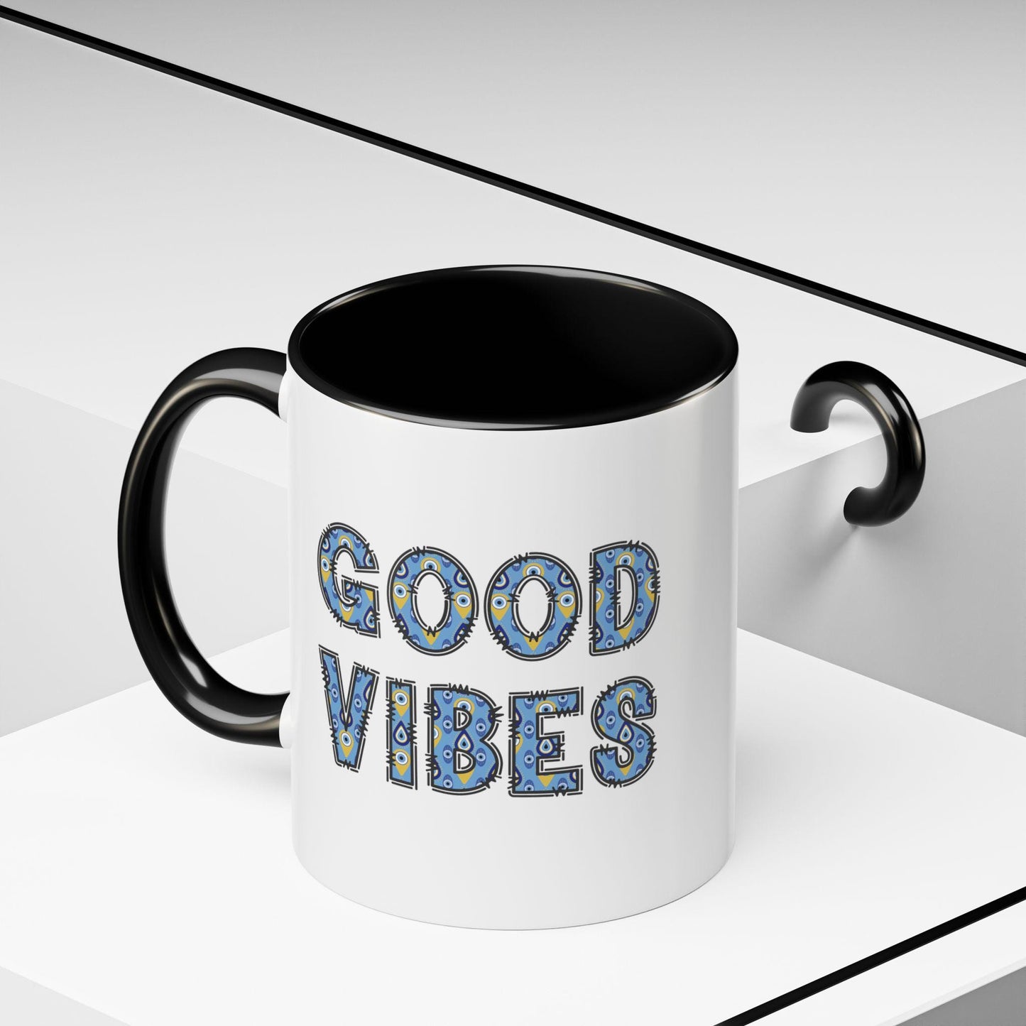 Good Vibes Evil Eye Accent Coffee Mug, 11oz & 15oz Size Options and in Multiple Colors, Glossy Finish, Comfortable Grip, Lead BPA Free