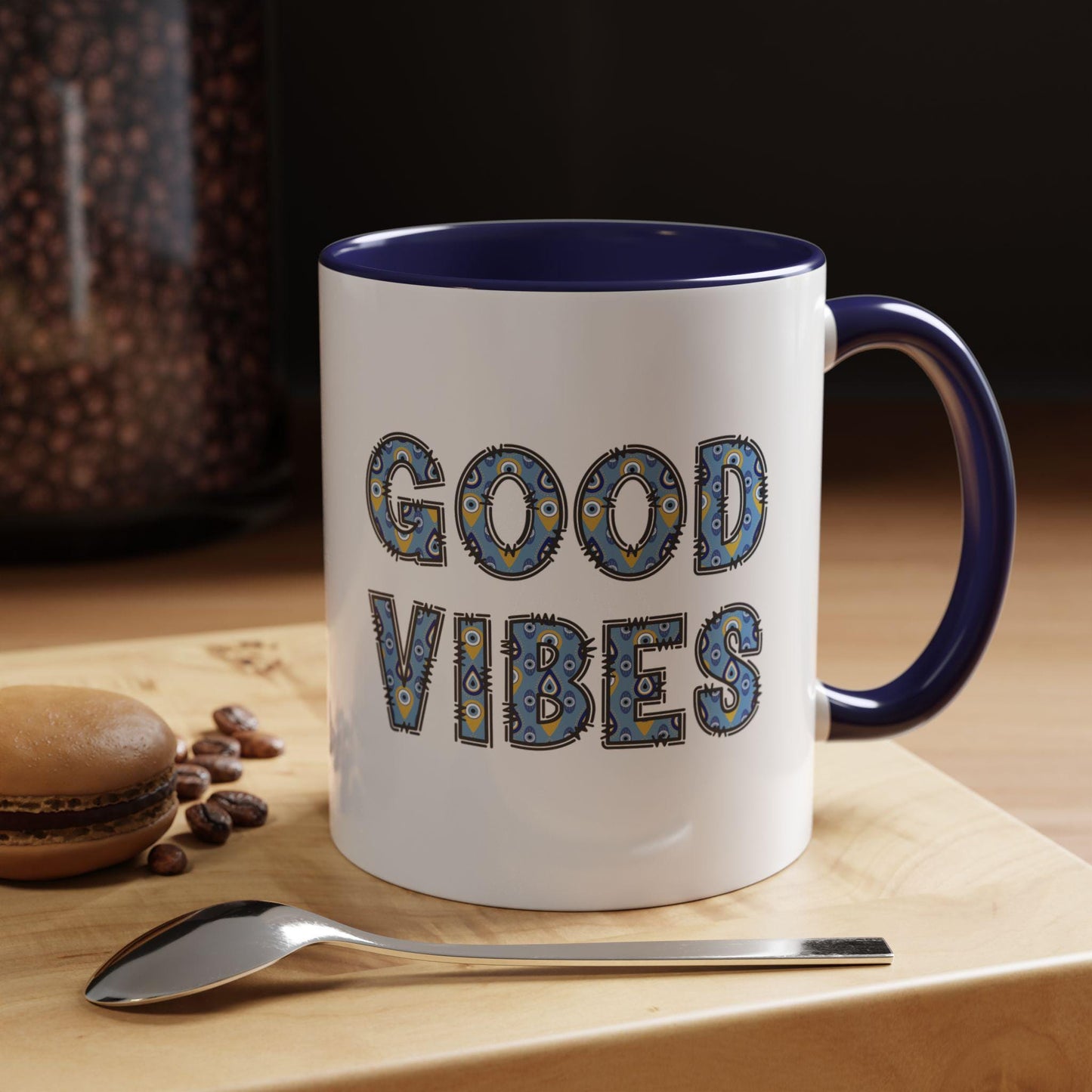 Good Vibes Evil Eye Accent Coffee Mug, 11oz & 15oz Size Options and in Multiple Colors, Glossy Finish, Comfortable Grip, Lead BPA Free