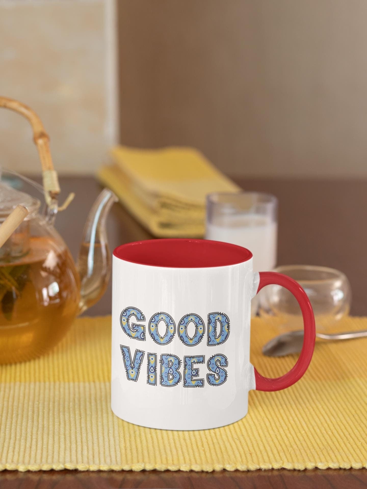 Good Vibes Evil Eye Accent Coffee Mug, 11oz & 15oz Size Options and in Multiple Colors, Glossy Finish, Comfortable Grip, Lead BPA Free