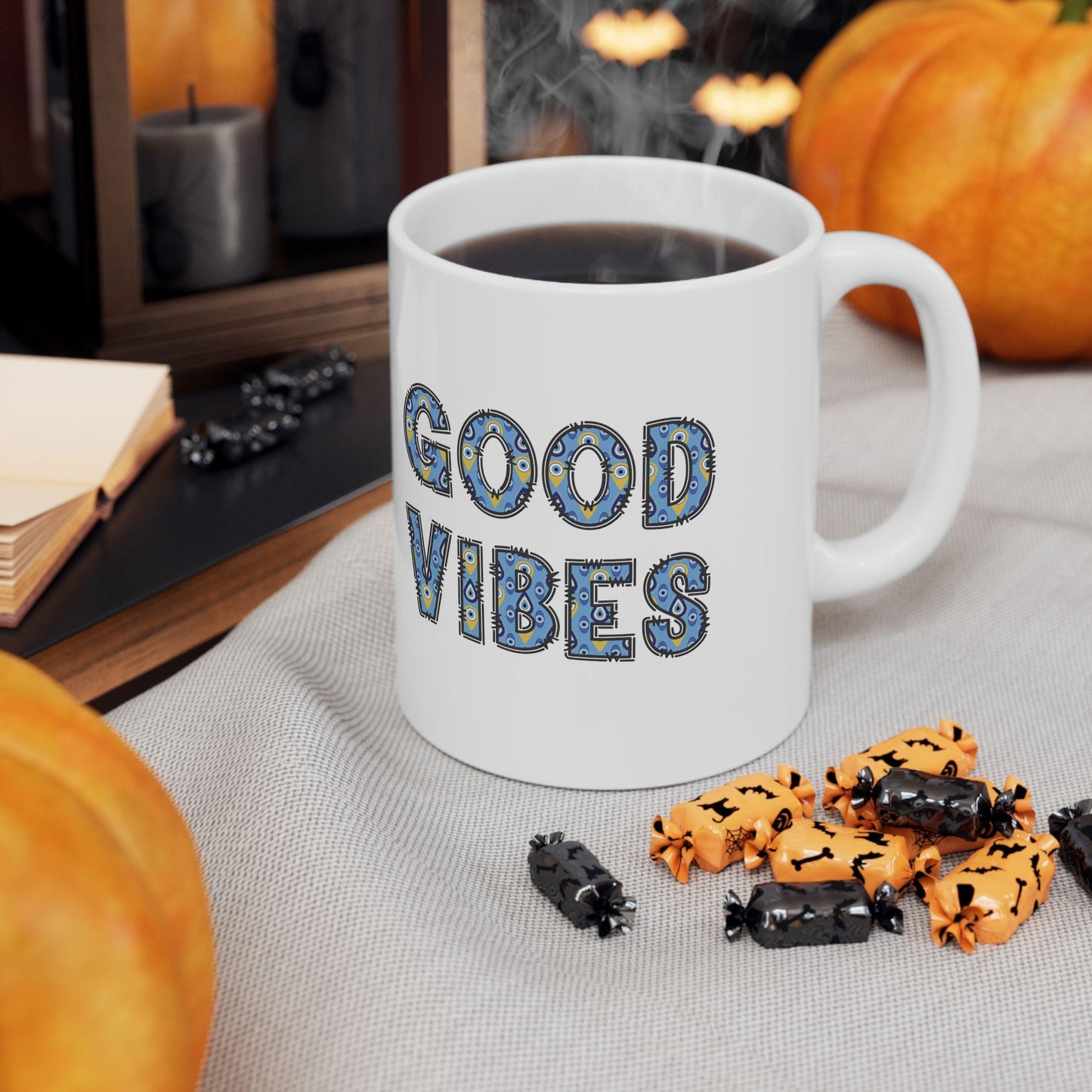 Good Vibes Evil Eye Coffee Mug in 11oz & 15oz Size Options, Glossy Finish, Comfortable Grip, Lead BPA Free