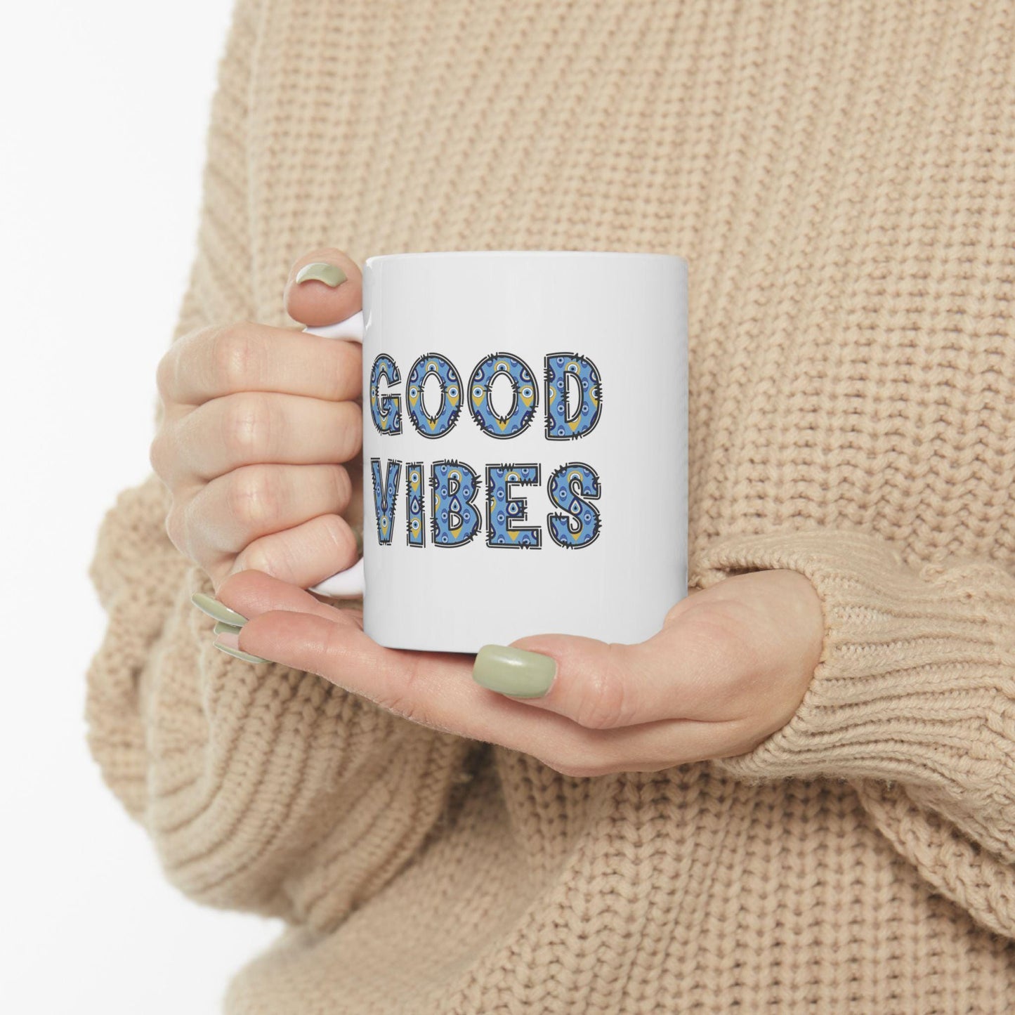 Good Vibes Evil Eye Coffee Mug in 11oz & 15oz Size Options, Glossy Finish, Comfortable Grip, Lead BPA Free