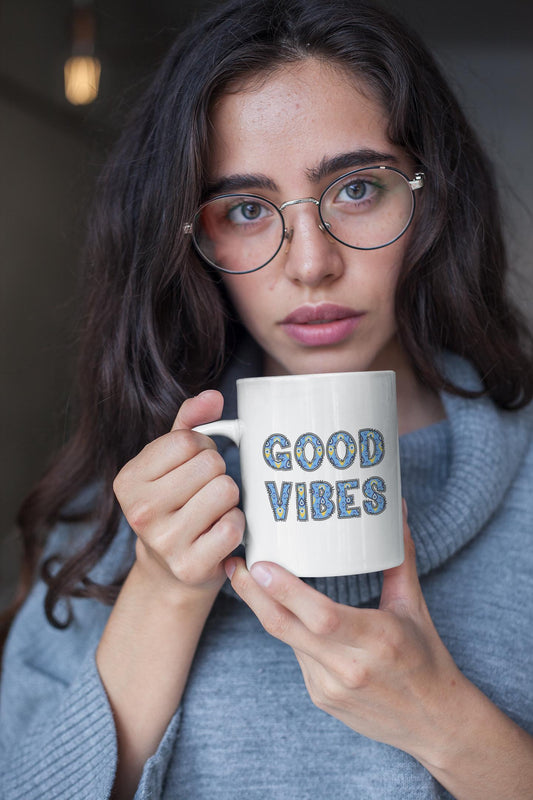 Good Vibes Evil Eye Coffee Mug in 11oz & 15oz Size Options, Glossy Finish, Comfortable Grip, Lead BPA Free