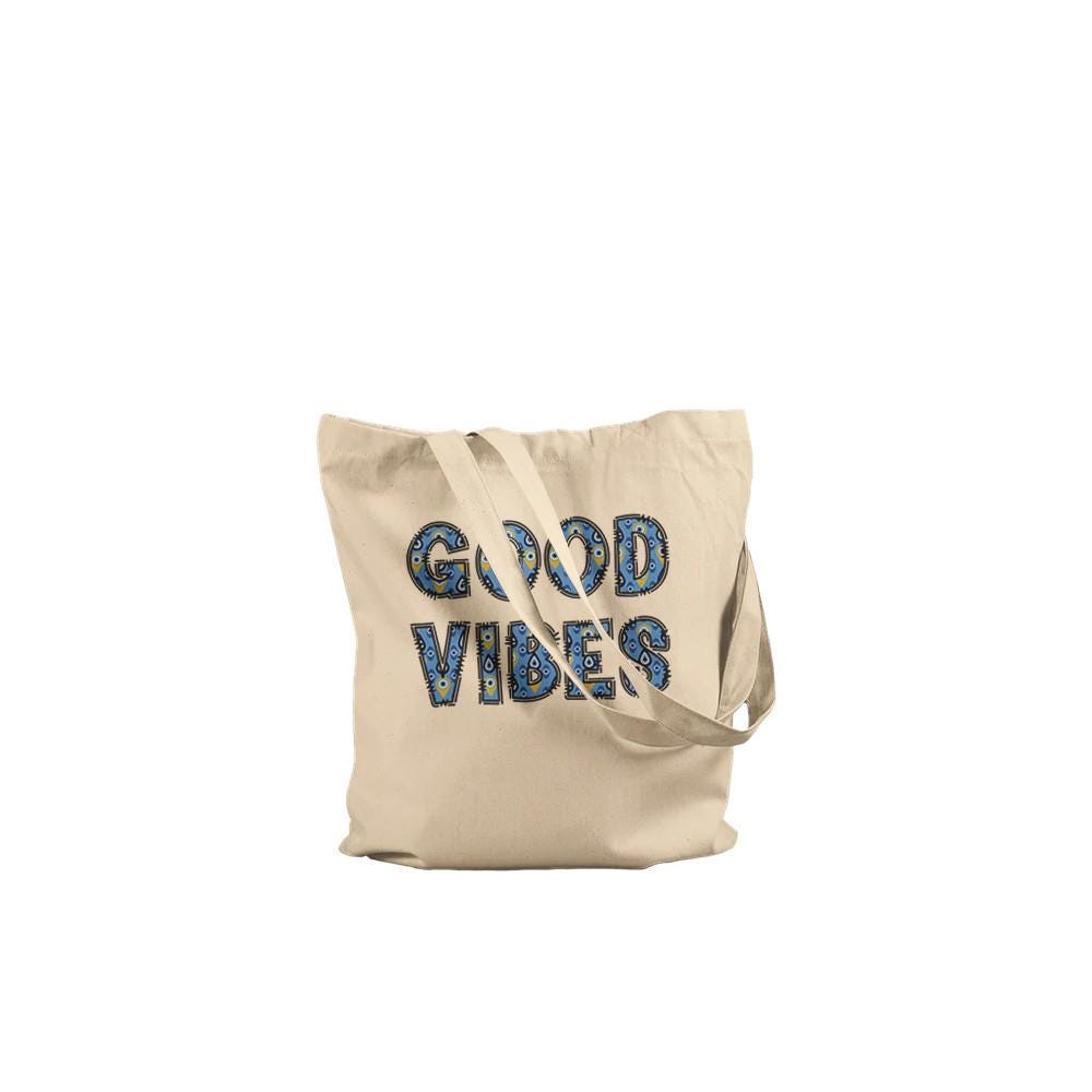 Good Vibes Evil Eye Premium Tote Bag – Natural & Black Colors | Good Energy Tote Bag  |  Evil Eye Tote