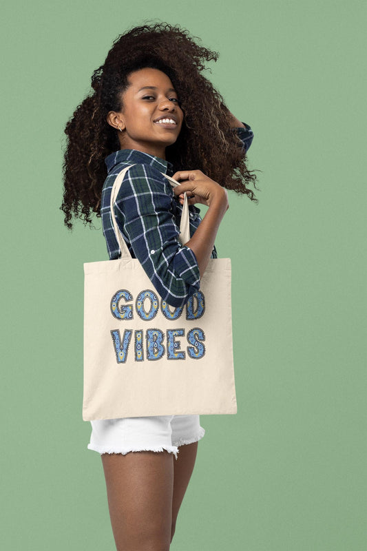 Good Vibes Evil Eye Premium Tote Bag – Natural & Black Colors | Good Energy Tote Bag  |  Evil Eye Tote