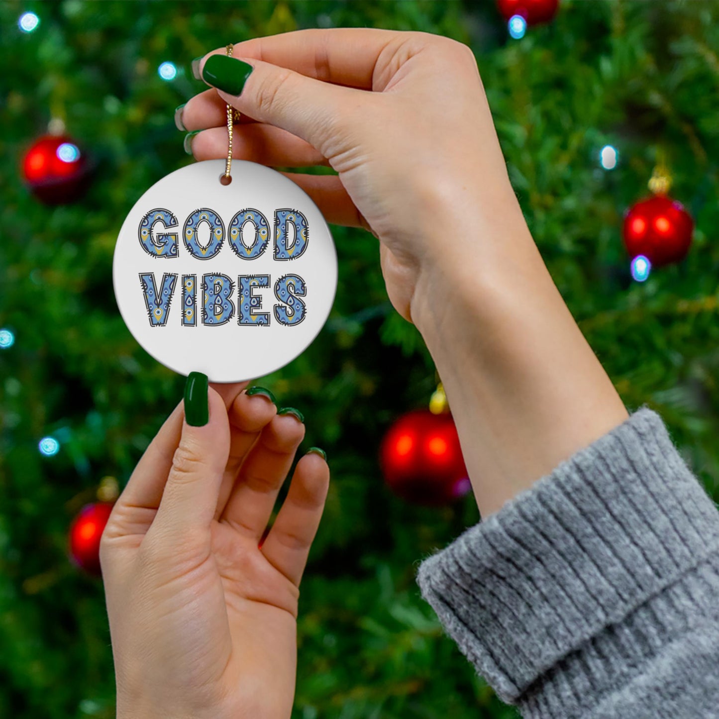 Good Vibes Evil Eye Ceramic Ornament -  Available in 4 Shapes | Good Luck Ornament | Christmas Ornament | Holiday Season Gift