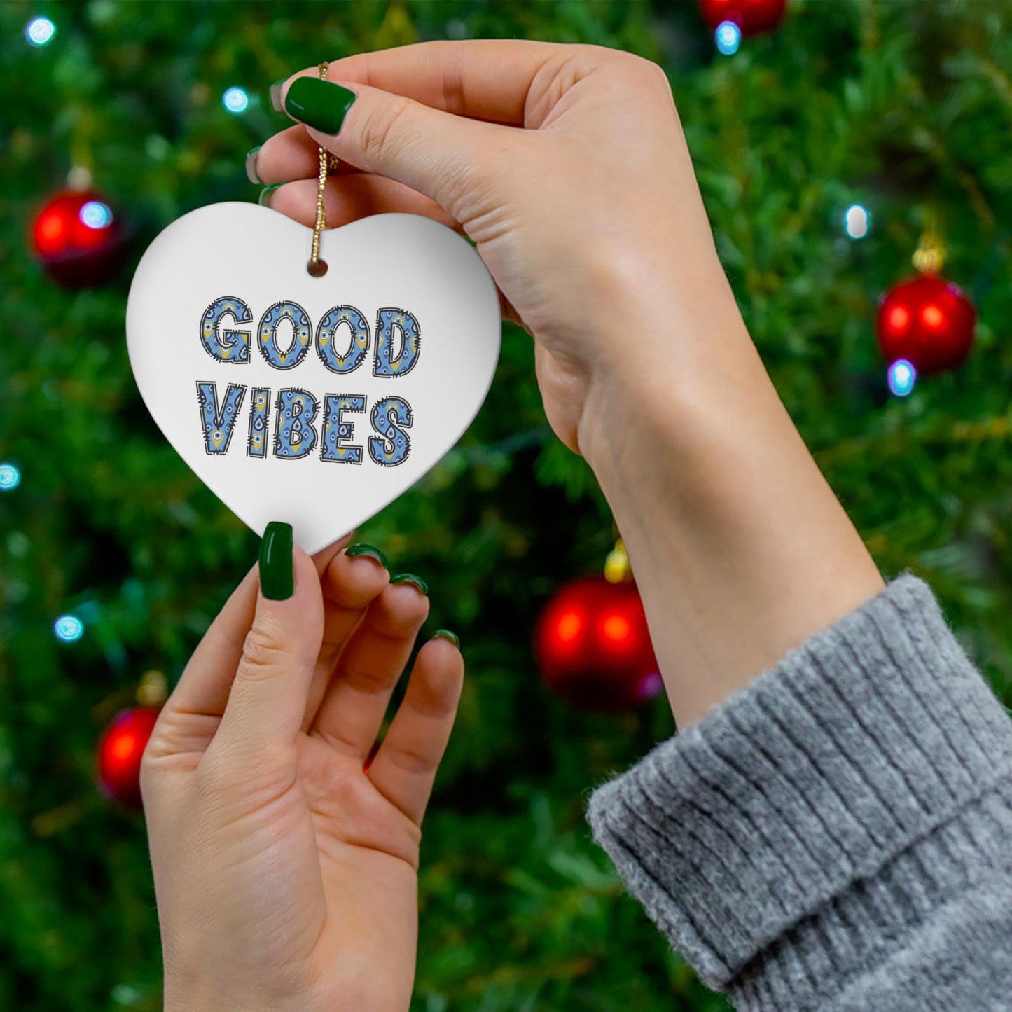 Good Vibes Evil Eye Ceramic Ornament -  Available in 4 Shapes | Good Luck Ornament | Christmas Ornament | Holiday Season Gift