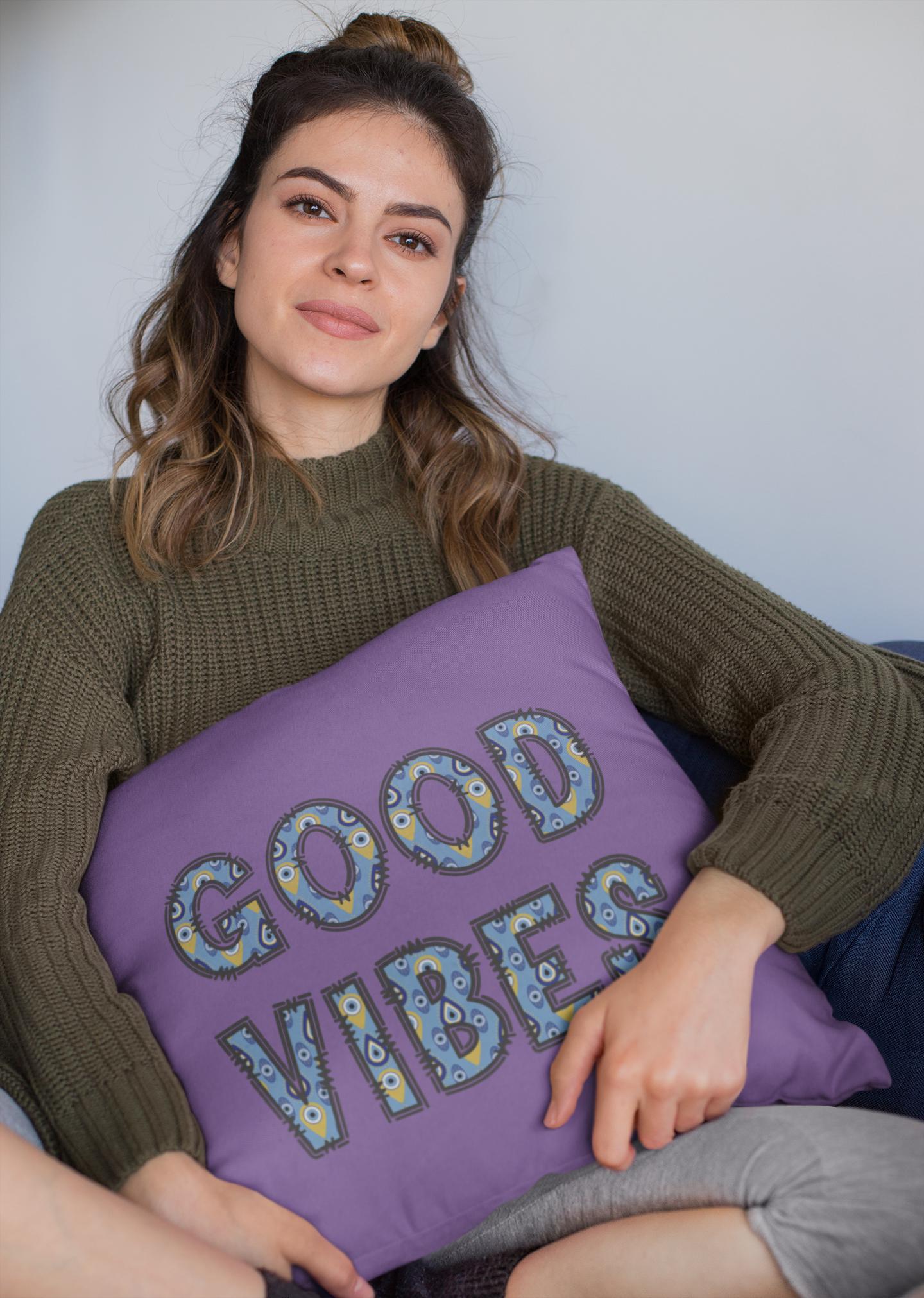 Good Vibes Evil Eye Spun Polyester Square Pillow - Available in 4 Sizes With Double Sided Print | Couch Pillow | Home Gift | Holiday Gifts