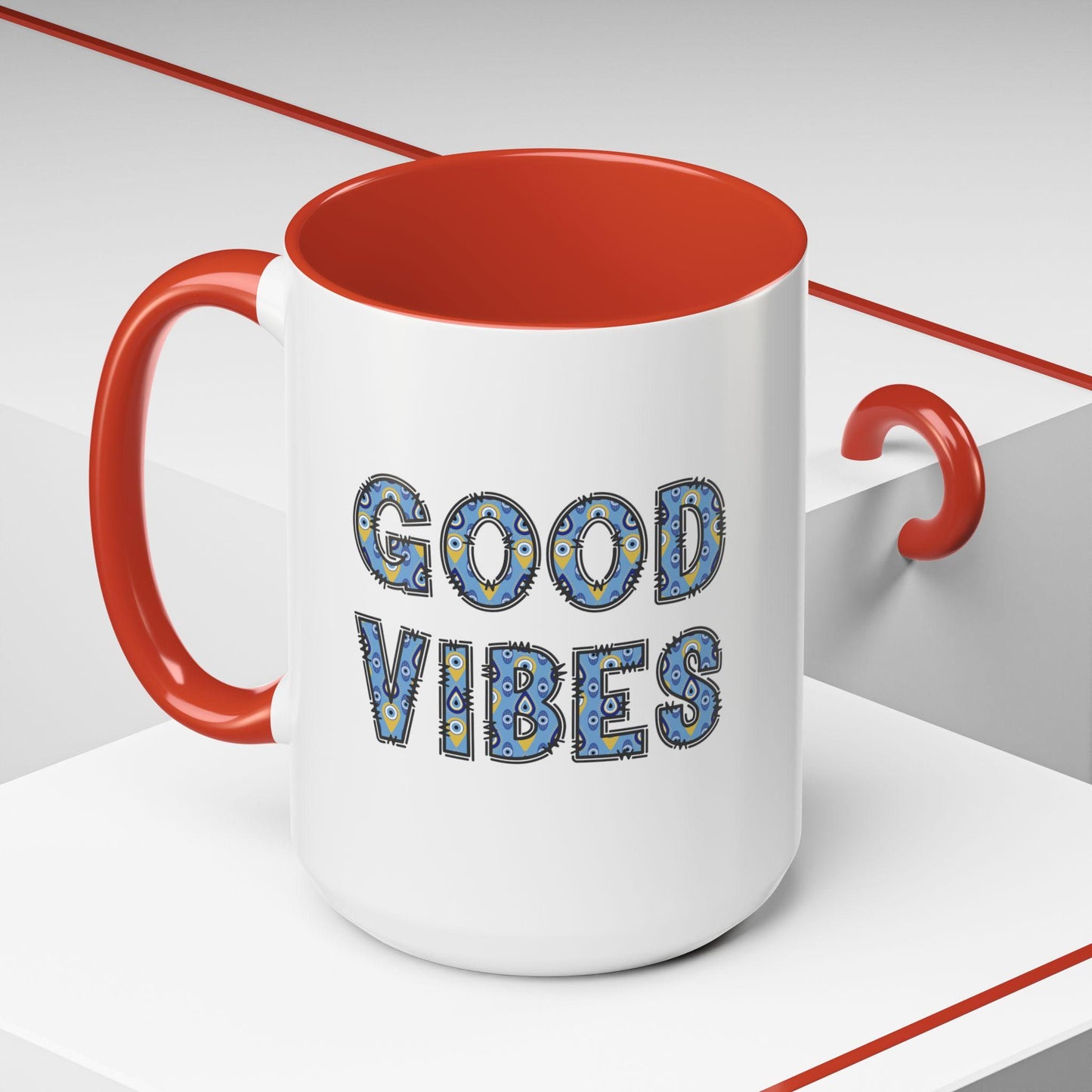 Good Vibes Evil Eye Accent Coffee Mug, 11oz & 15oz Size Options and in Multiple Colors, Glossy Finish, Comfortable Grip, Lead BPA Free