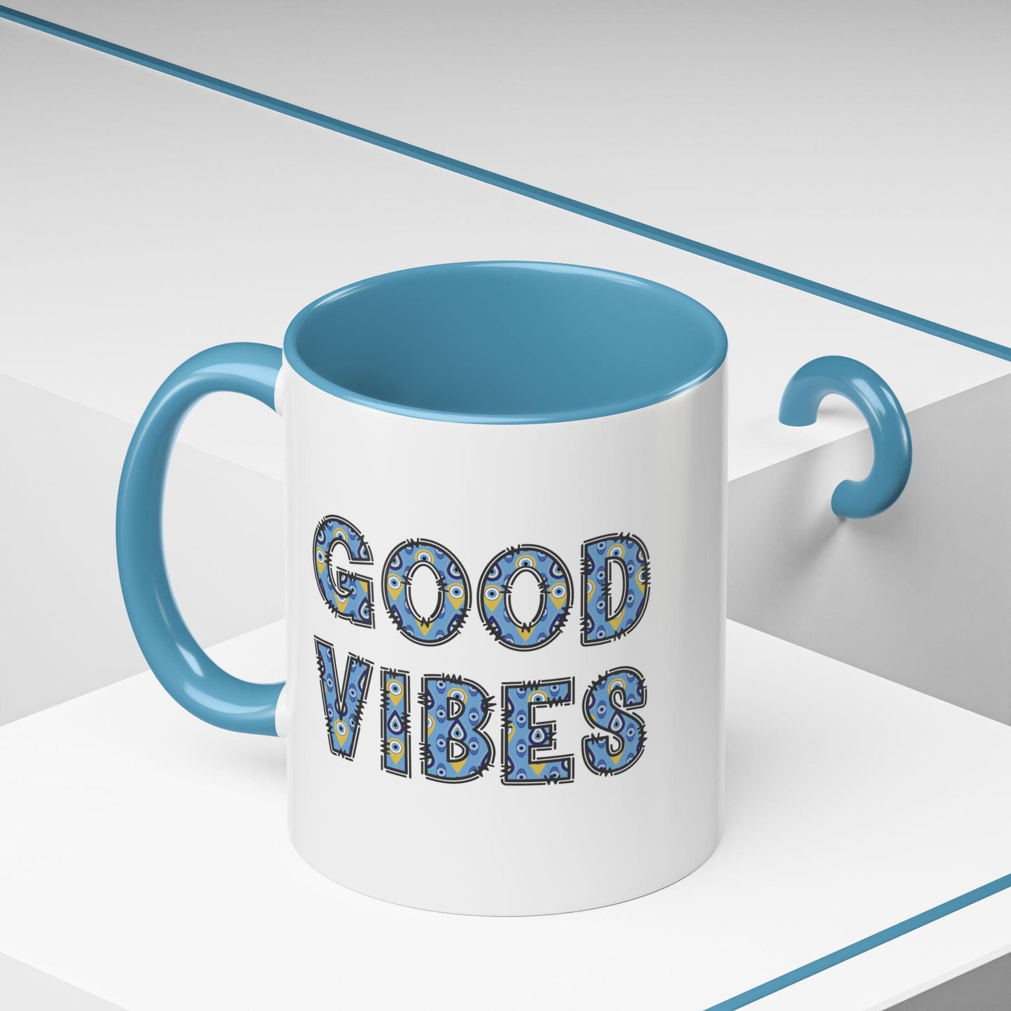 Good Vibes Evil Eye Accent Coffee Mug, 11oz & 15oz Size Options and in Multiple Colors, Glossy Finish, Comfortable Grip, Lead BPA Free