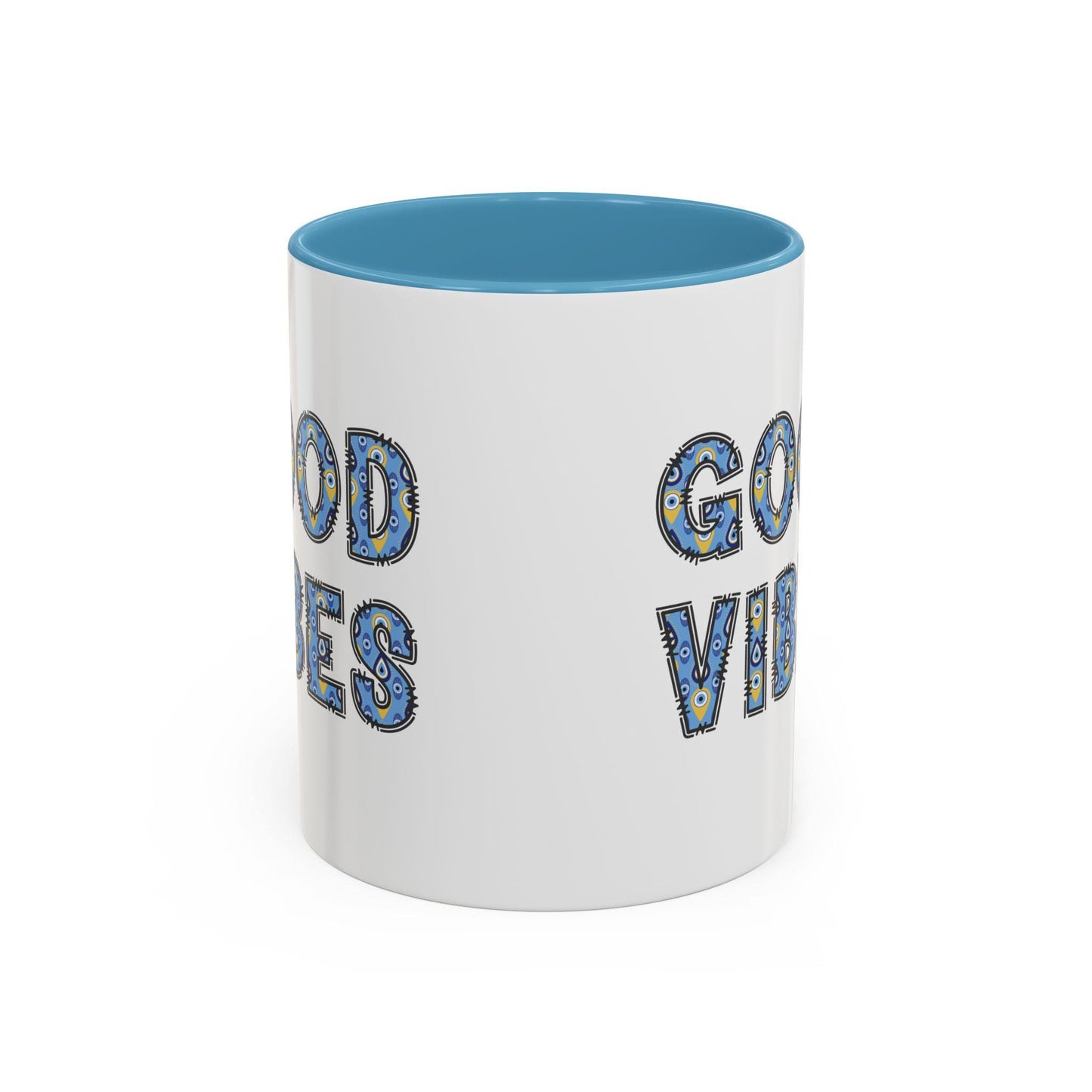 Good Vibes Evil Eye Accent Coffee Mug, 11oz & 15oz Size Options and in Multiple Colors, Glossy Finish, Comfortable Grip, Lead BPA Free