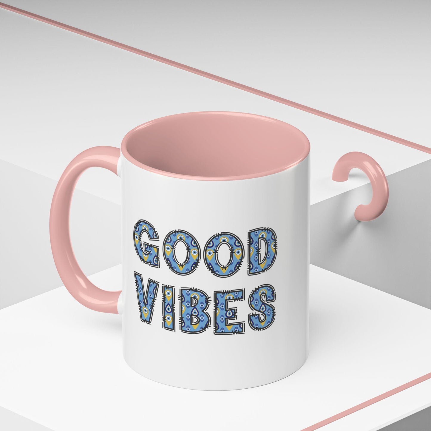 Good Vibes Evil Eye Accent Coffee Mug, 11oz & 15oz Size Options and in Multiple Colors, Glossy Finish, Comfortable Grip, Lead BPA Free