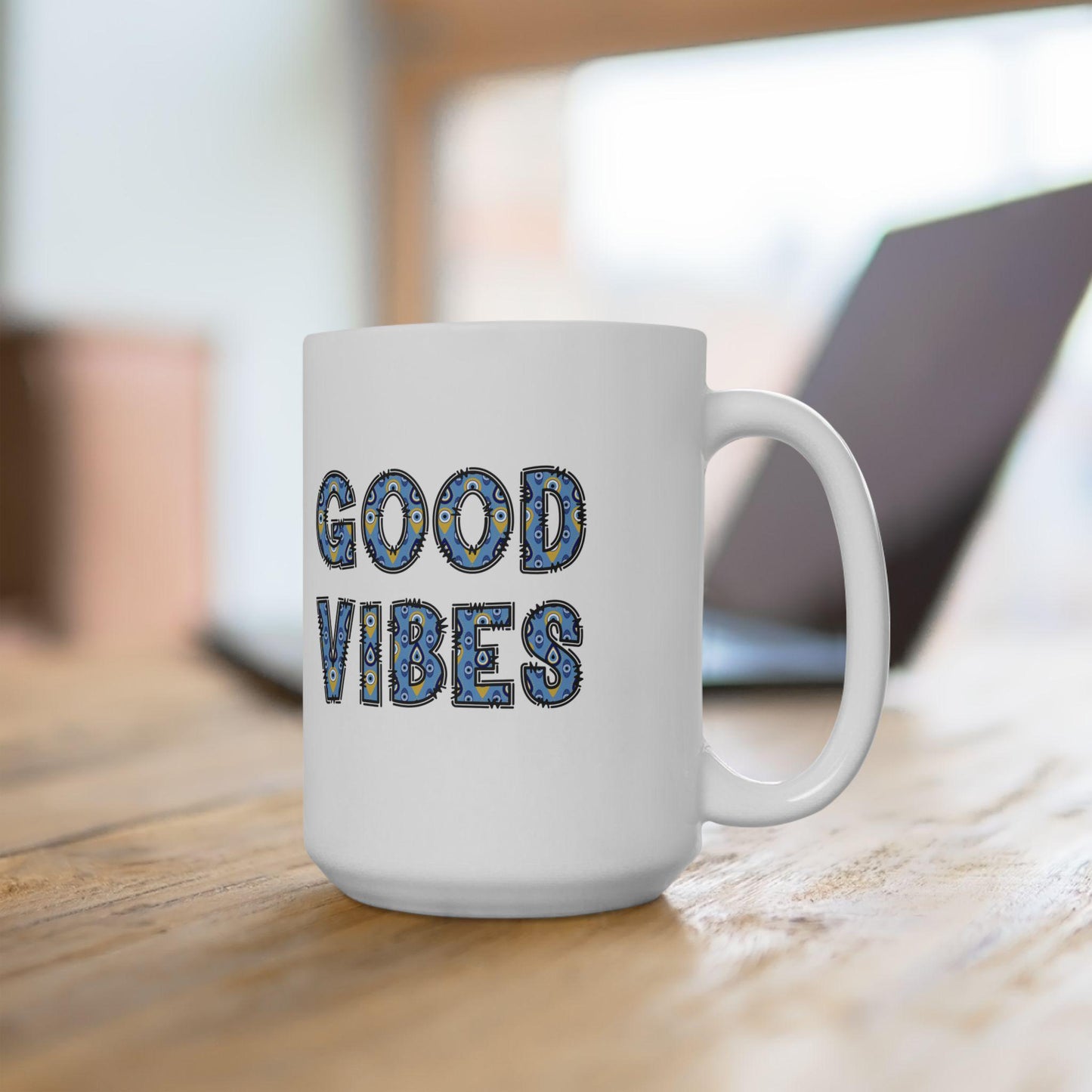 Good Vibes Evil Eye Coffee Mug in 11oz & 15oz Size Options, Glossy Finish, Comfortable Grip, Lead BPA Free