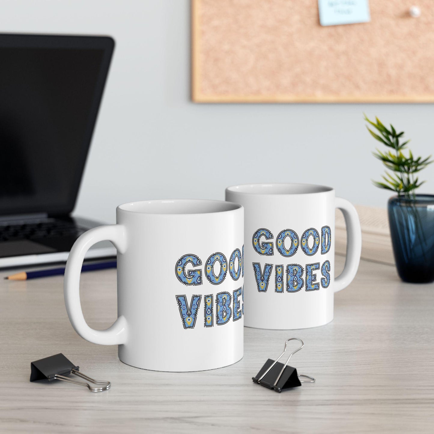 Good Vibes Evil Eye Coffee Mug in 11oz & 15oz Size Options, Glossy Finish, Comfortable Grip, Lead BPA Free