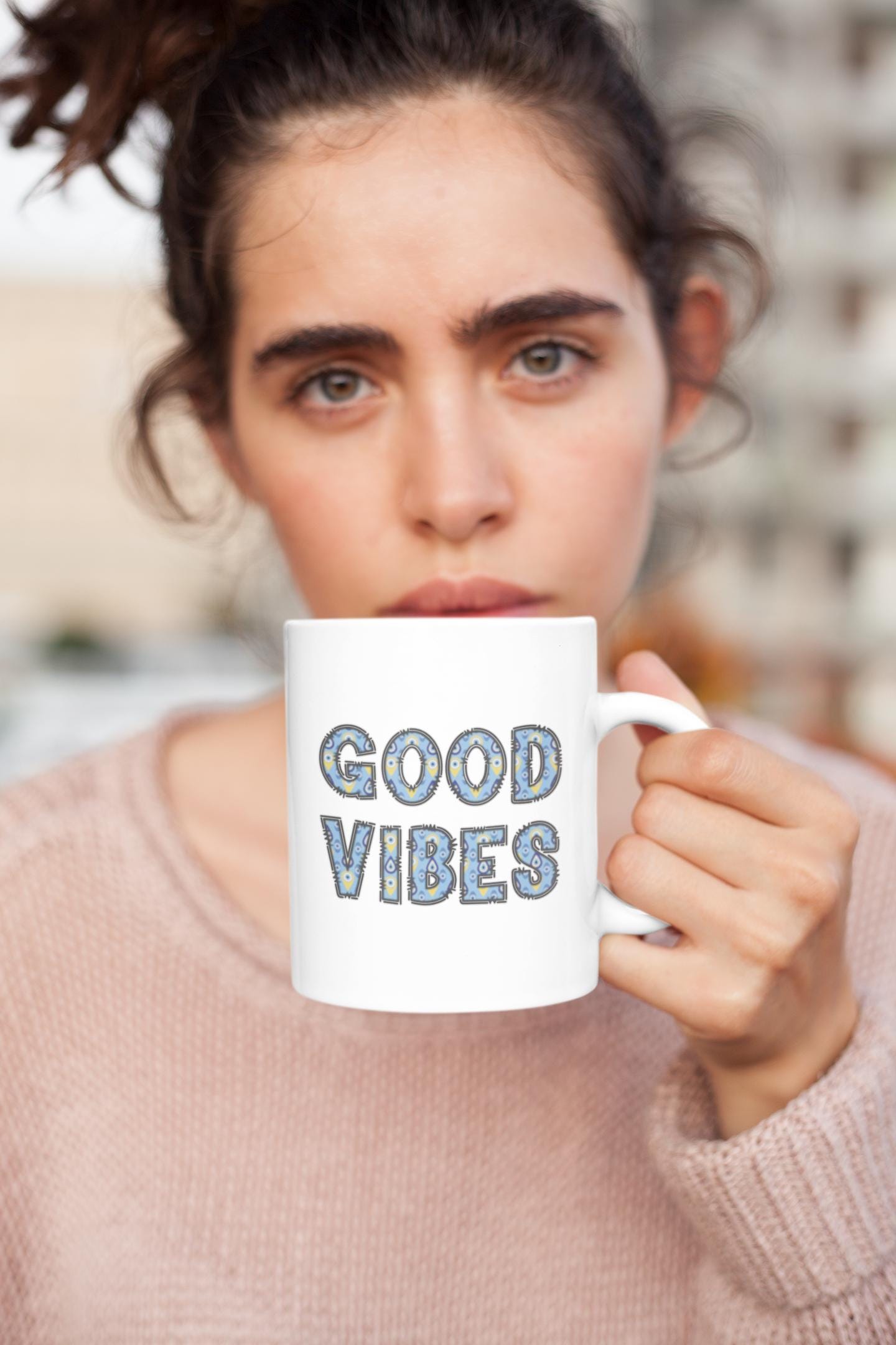 Good Vibes Evil Eye Coffee Mug in 11oz & 15oz Size Options, Glossy Finish, Comfortable Grip, Lead BPA Free