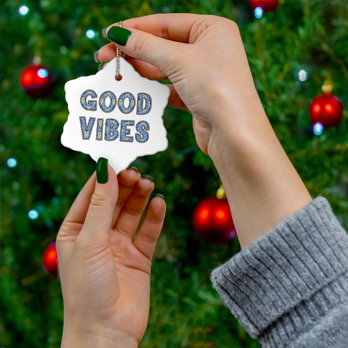 Good Vibes Evil Eye Ceramic Ornament -  Available in 4 Shapes | Good Luck Ornament | Christmas Ornament | Holiday Season Gift